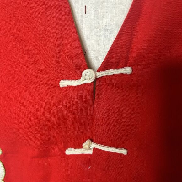 Handmade China Quilted Red Vest Cat Rabbit Spider Frog Patchwork Pockets Fastens - Picture 4 of 16